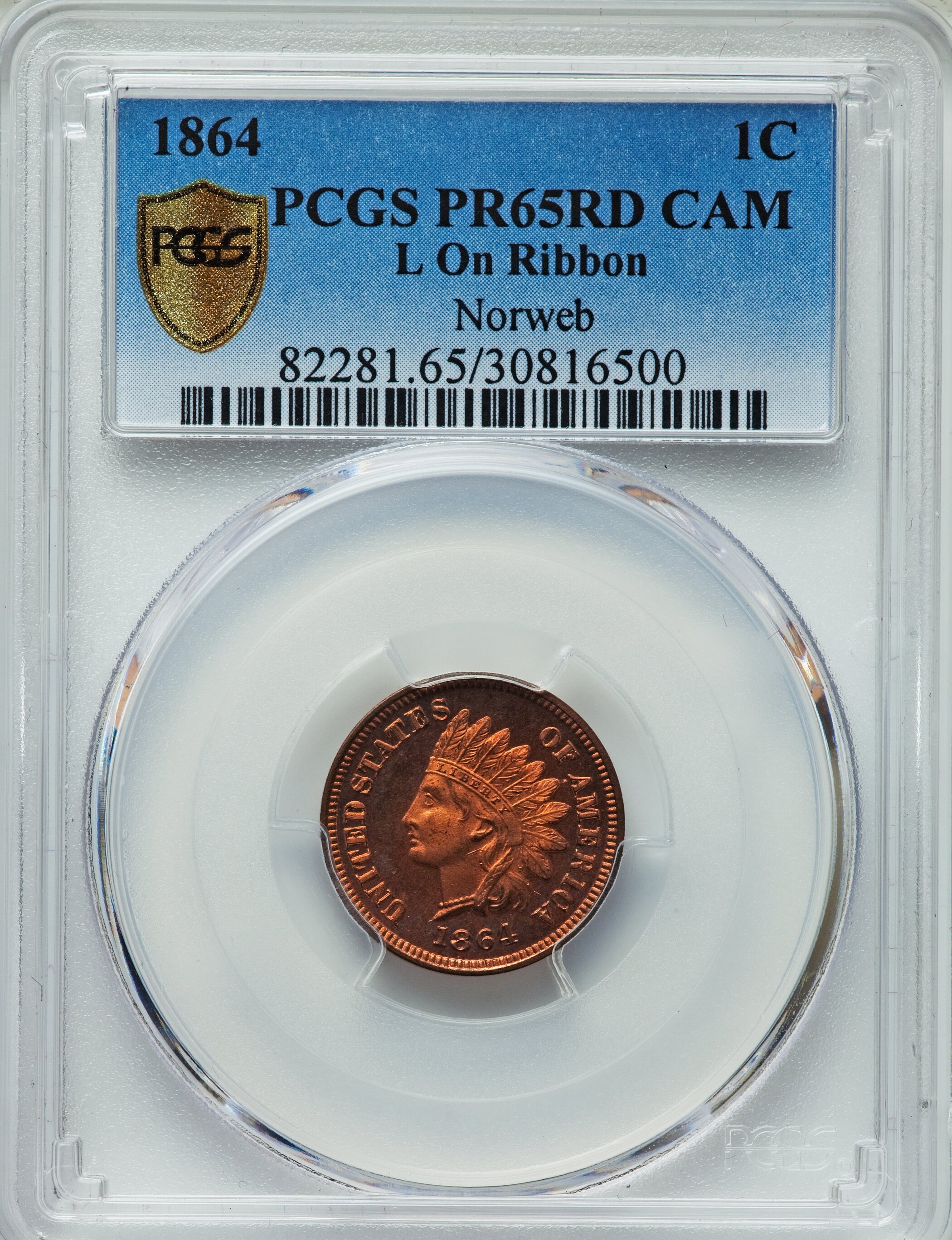 1864 L On Ribbon PR65RD Cameo Indian Head Cent